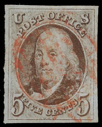 US Stamp Value Scott Cat. #1 - 1847 5c Franklin. Daniel Kelleher Auctions, Feb 2013, Sale 634, Lot 545