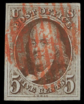 US Stamps Value Scott Catalog # 1 - 1847 5c Franklin. Daniel Kelleher Auctions, Feb 2013, Sale 634, Lot 555
