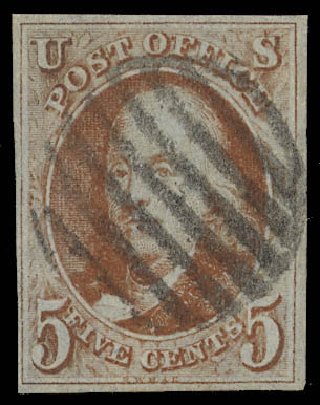Cost of US Stamp Scott Cat. 1 - 1847 5c Franklin. Daniel Kelleher Auctions, Feb 2013, Sale 634, Lot 565