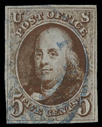 US Stamps Values Scott Cat. #1 - 1847 5c Franklin. Daniel Kelleher Auctions, Feb 2013, Sale 634, Lot 615