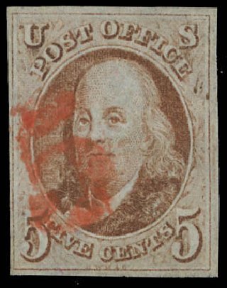 US Stamps Value Scott Catalogue 1 - 1847 5c Franklin. Daniel Kelleher Auctions, Feb 2013, Sale 634, Lot 705