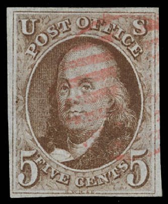 US Stamp Values Scott Cat. # 1: 5c 1847 Franklin. Daniel Kelleher Auctions, Feb 2013, Sale 634, Lot 715