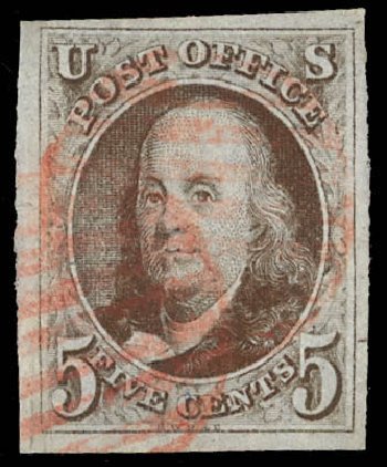 US Stamps Values Scott #1: 1847 5c Franklin. Daniel Kelleher Auctions, Feb 2013, Sale 634, Lot 725