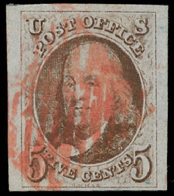 US Stamp Prices Scott Catalog 1 - 1847 5c Franklin. Daniel Kelleher Auctions, Feb 2013, Sale 634, Lot 785