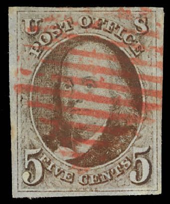 US Stamps Prices Scott # 1: 1847 5c Franklin. Daniel Kelleher Auctions, Feb 2013, Sale 634, Lot 795