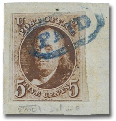 Value of US Stamps Scott Cat. #1 - 5c 1847 Franklin. Daniel Kelleher Auctions, Apr 2013, Sale 636, Lot 55
