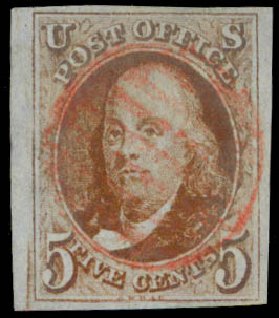 US Stamps Prices Scott Catalog 1 - 5c 1847 Franklin. Daniel Kelleher Auctions, Sep 2013, Sale 639, Lot 3065