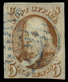 Values of US Stamps Scott Catalog #1 - 5c 1847 Franklin. Daniel Kelleher Auctions, Sep 2013, Sale 639, Lot 345