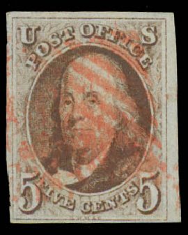 US Stamp Value Scott 1: 1847 5c Franklin. Daniel Kelleher Auctions, May 2014, Sale 652, Lot 35