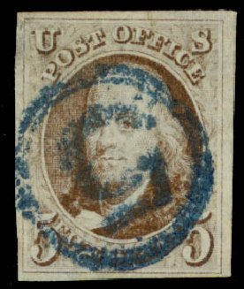 Value of US Stamps Scott Cat. #1 - 5c 1847 Franklin. Daniel Kelleher Auctions, Sep 2014, Sale 655, Lot 125