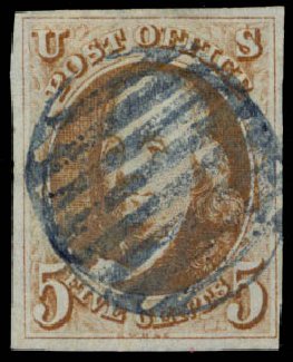 Value of US Stamp Scott Cat. 1: 5c 1847 Franklin. Daniel Kelleher Auctions, Sep 2014, Sale 655, Lot 135
