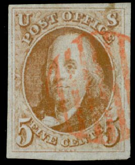 US Stamp Values Scott Cat. 1: 5c 1847 Franklin. Daniel Kelleher Auctions, Jan 2015, Sale 663, Lot 1205