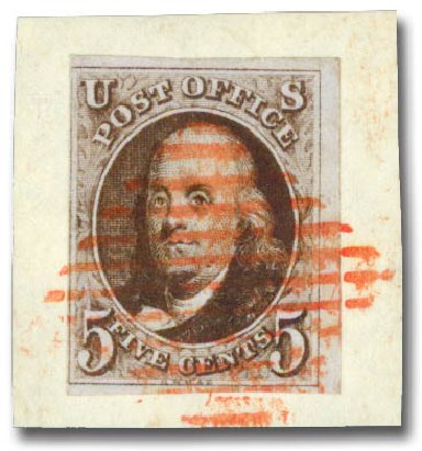 US Stamp Prices Scott Catalogue 1 - 5c 1847 Franklin. Daniel Kelleher Auctions, May 2015, Sale 669, Lot 2345