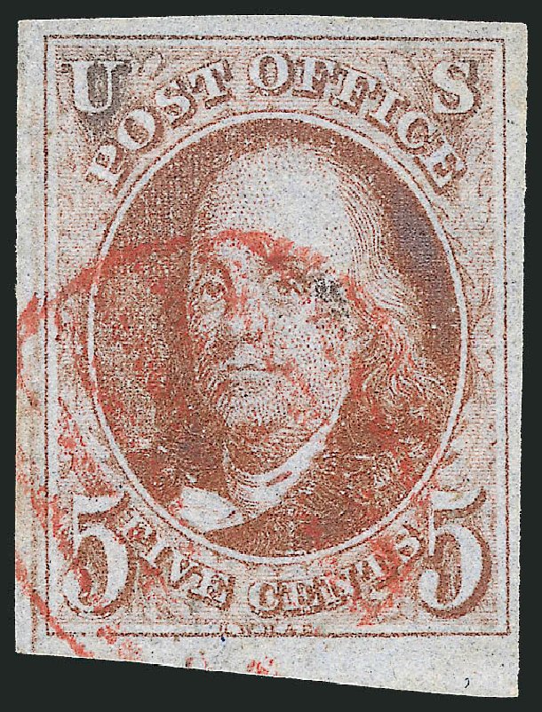 Value of US Stamp Scott Catalog #1 - 1847 5c Franklin. Robert Siegel Auction Galleries, Dec 2011, Sale 1017, Lot 35