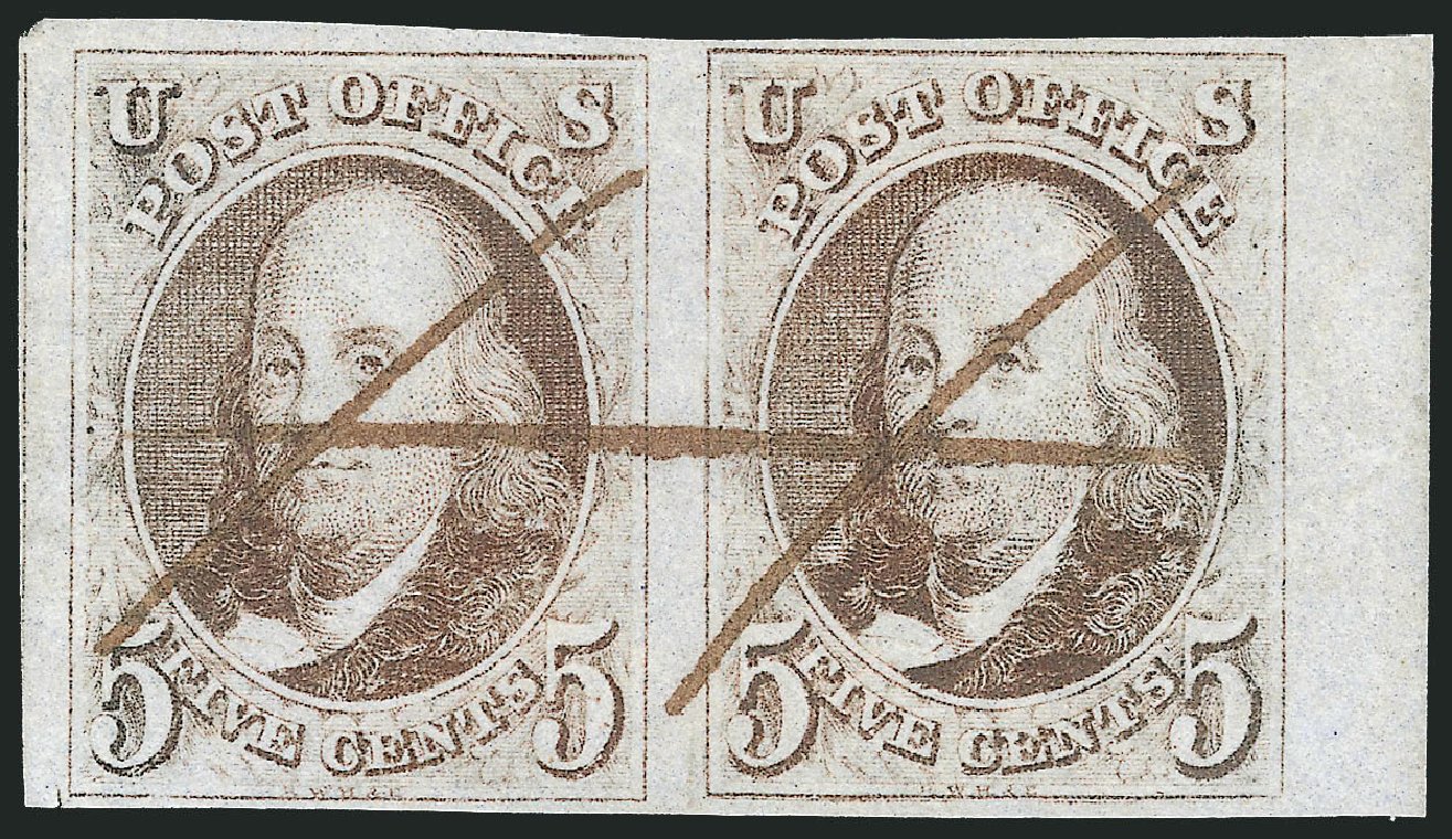 Cost of US Stamps Scott Cat. 1 - 1847 5c Franklin. Robert Siegel Auction Galleries, Apr 2012, Sale 1023, Lot 2085