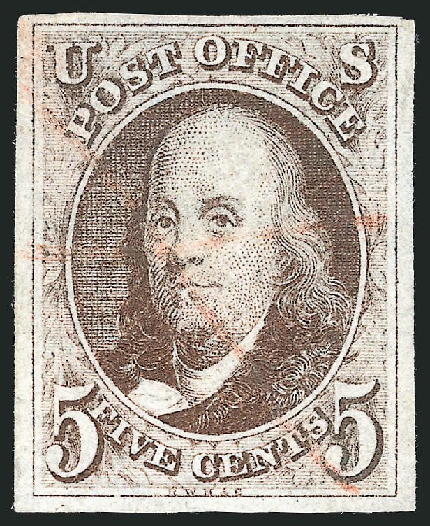 Costs of US Stamps Scott Catalog #1 - 5c 1847 Franklin. Robert Siegel Auction Galleries, Apr 2012, Sale 1023, Lot 2125