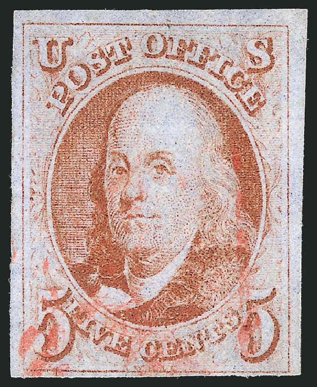 US Stamps Value Scott Catalogue # 1 - 1847 5c Franklin. Robert Siegel Auction Galleries, Apr 2012, Sale 1023, Lot 2135