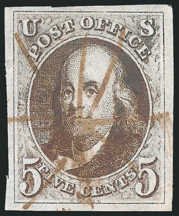 US Stamp Value Scott Cat. 1: 1847 5c Franklin. Robert Siegel Auction Galleries, Apr 2012, Sale 1023, Lot 2195