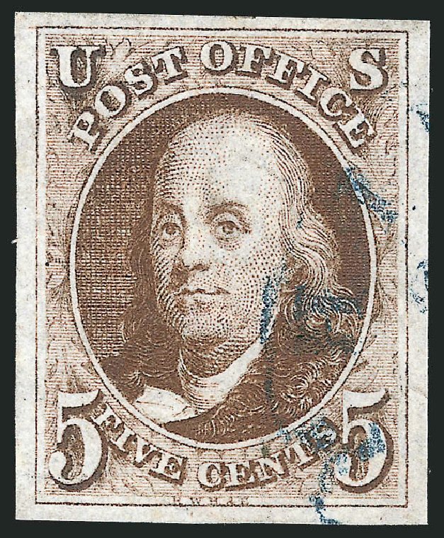 Price of US Stamps Scott Cat. 1 - 1847 5c Franklin. Robert Siegel Auction Galleries, Oct 2012, Sale 1032, Lot 3005