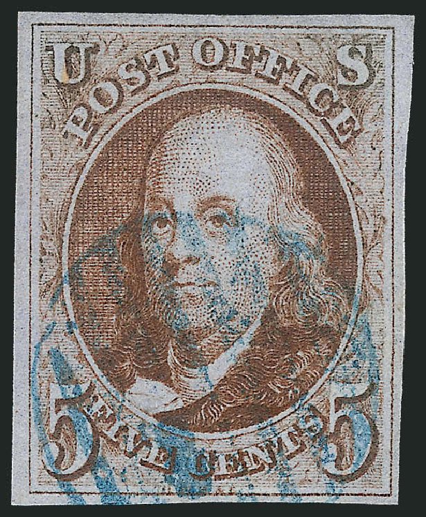 Costs of US Stamp Scott Cat. #1 - 1847 5c Franklin. Robert Siegel Auction Galleries, Nov 2013, Sale 1061, Lot 3325