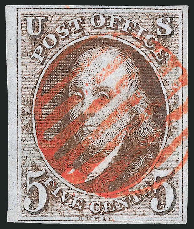 Prices of US Stamps Scott # 1: 1847 5c Franklin. Robert Siegel Auction Galleries, Dec 2013, Sale 1062, Lot 35