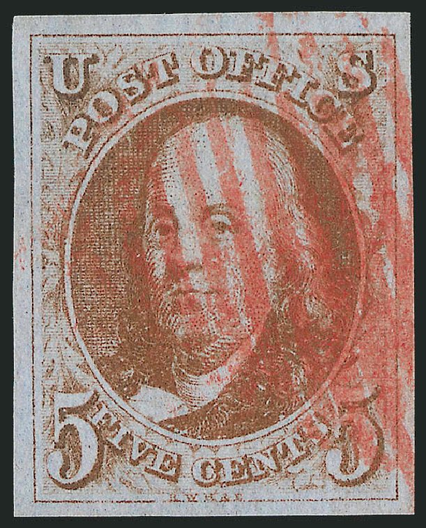 US Stamp Values Scott Catalog # 1 - 1847 5c Franklin. Robert Siegel Auction Galleries, Dec 2009, Sale 978, Lot 1005
