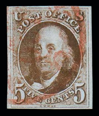 Values of US Stamp Scott Cat. 1: 1847 5c Franklin. Matthew Bennett International, Dec 2007, Sale 323, Lot 12