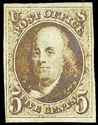 US Stamps Price Scott Catalogue #1: 1847 5c Franklin. Matthew Bennett International, May 2008, Sale 327, Lot 2