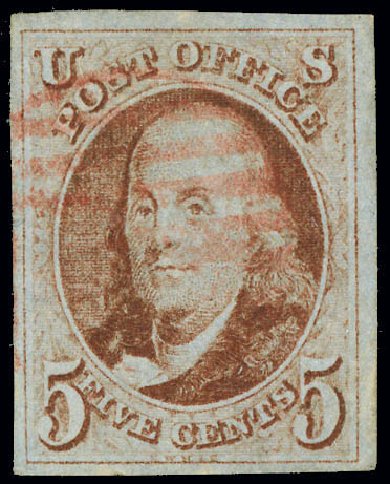 Value of US Stamp Scott #1: 1847 5c Franklin. Matthew Bennett International, Jun 2008, Sale 328, Lot 442