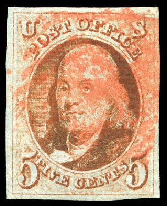 US Stamp Value Scott Cat. # 1: 1847 5c Franklin. Matthew Bennett International, Dec 2008, Sale 330, Lot 1312