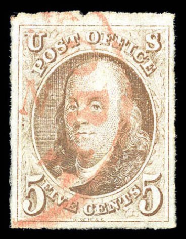 US Stamps Value Scott Catalog #1: 5c 1847 Franklin. Matthew Bennett International, Sep 2010, Sale 333, Lot 3232
