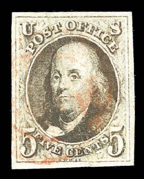 US Stamp Values Scott Catalogue 1: 1847 5c Franklin. Matthew Bennett International, Sep 2010, Sale 333, Lot 3242