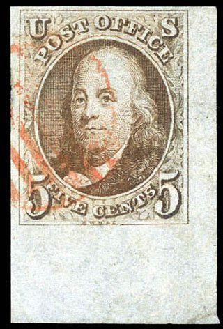 Cost of US Stamp Scott Catalogue #1: 5c 1847 Franklin. Matthew Bennett International, Sep 2011, Sale 338, Lot 1662