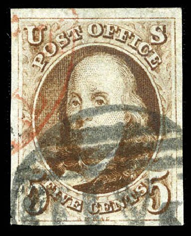 US Stamp Prices Scott Catalogue # 1: 1847 5c Franklin. Matthew Bennett International, Feb 2012, Sale 340, Lot 22