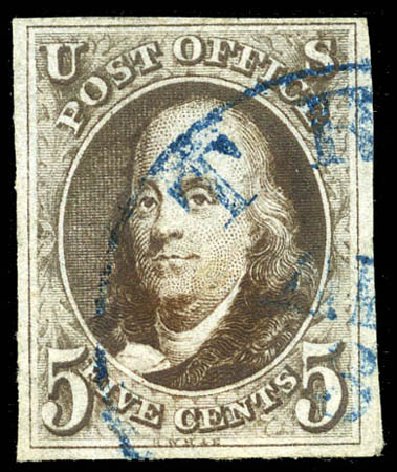 Values of US Stamps Scott Catalog 1: 5c 1847 Franklin. Matthew Bennett International, Feb 2012, Sale 340, Lot 32