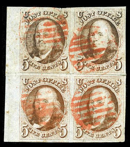 Value of US Stamp Scott Catalogue # 1 - 5c 1847 Franklin. Matthew Bennett International, Feb 2012, Sale 340, Lot 42