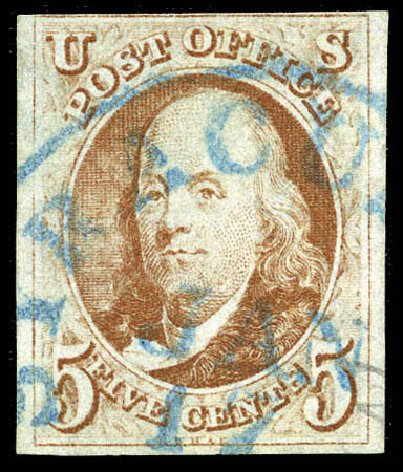 US Stamps Value Scott 1: 1847 5c Franklin. Matthew Bennett International, Mar 2012, Sale 344, Lot 4172