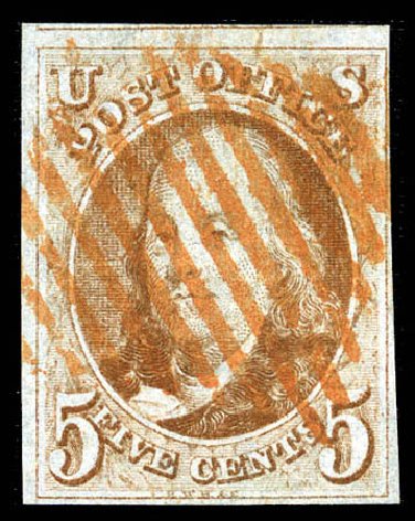 Cost of US Stamps Scott #1: 1847 5c Franklin. Matthew Bennett International, Mar 2012, Sale 344, Lot 4182