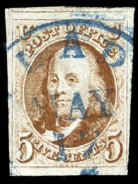 Prices of US Stamps Scott Catalog #1 - 1847 5c Franklin. Matthew Bennett International, Feb 2015, Sale 351, Lot 2