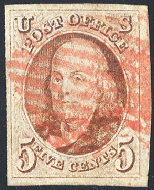 US Stamp Value Scott Catalogue 1 - 5c 1847 Franklin. Cherrystone Auctions, Nov 2008, Sale 200811, Lot 1002