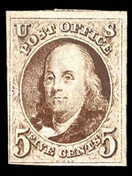 Cost of US Stamp Scott Cat. #1: 1847 5c Franklin. Cherrystone Auctions, Nov 2009, Sale 200911, Lot 3002