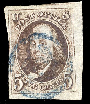 US Stamp Prices Scott Cat. #1: 1847 5c Franklin. Cherrystone Auctions, Jun 2011, Sale 201106, Lot 2