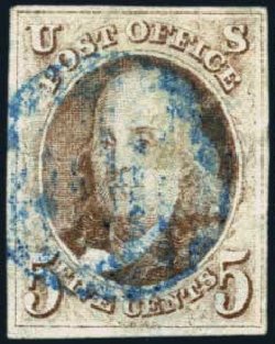 US Stamps Value Scott 1 - 5c 1847 Franklin. Harmer-Schau Auction Galleries, Jan 2014, Sale 100, Lot 392