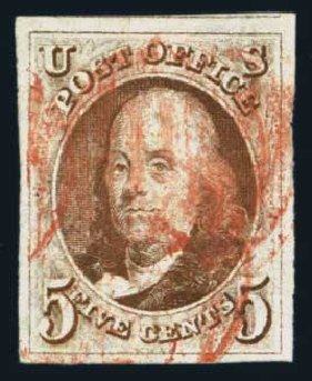 Costs of US Stamp Scott Cat. # 1: 5c 1847 Franklin. Harmer-Schau Auction Galleries, Aug 2014, Sale 102, Lot 1592