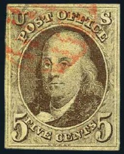 Costs of US Stamp Scott Cat. # 1: 5c 1847 Franklin. Harmer-Schau Auction Galleries, May 2015, Sale 105, Lot 102