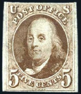 US Stamps Prices Scott Catalogue 1 - 1847 5c Franklin. Harmer-Schau Auction Galleries, Jun 2008, Sale 78, Lot 1212