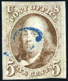Price of US Stamp Scott Catalog # 1 - 5c 1847 Franklin. Harmer-Schau Auction Galleries, Jun 2008, Sale 78, Lot 1222