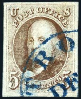 Price of US Stamp Scott 1 - 5c 1847 Franklin. Harmer-Schau Auction Galleries, Feb 2009, Sale 80, Lot 1072