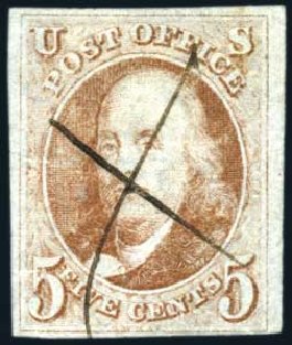 US Stamp Values Scott 1: 5c 1847 Franklin. Harmer-Schau Auction Galleries, Apr 2009, Sale 81, Lot 522