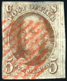 US Stamps Values Scott 1 - 5c 1847 Franklin. Harmer-Schau Auction Galleries, Oct 2009, Sale 83, Lot 262